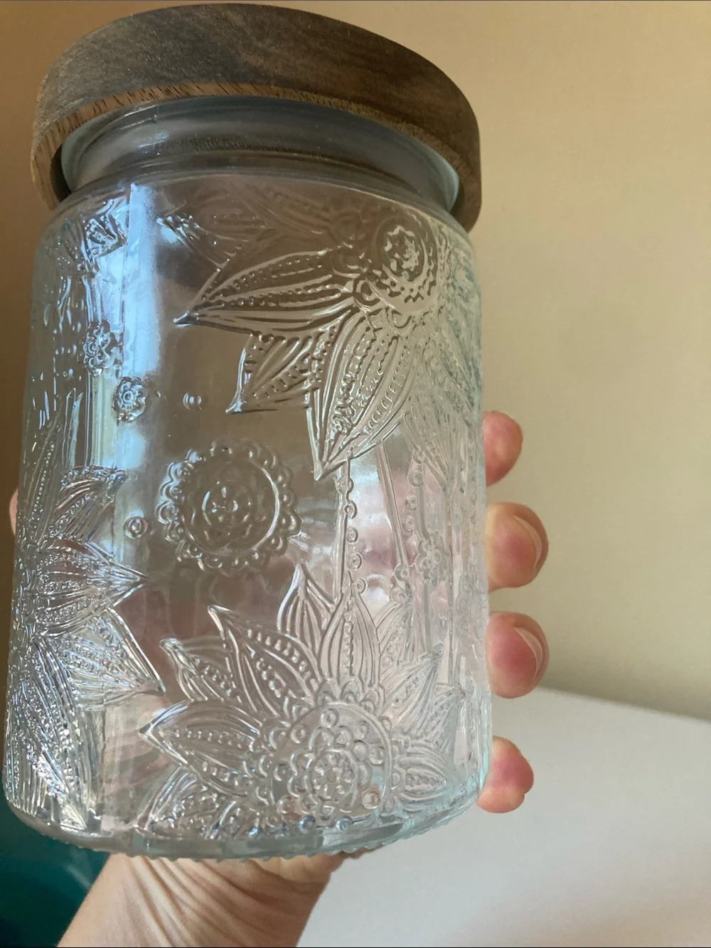 Embossed Glass Storage Jar with Wooden Lid